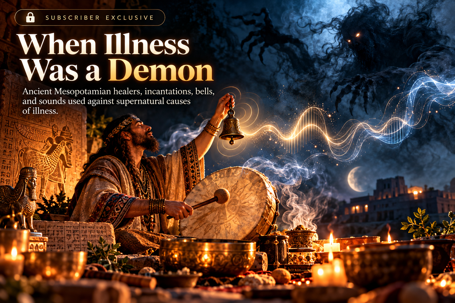 Illustration of an ancient healer ringing a bell beside a drum while a shadowy figure looms in the night