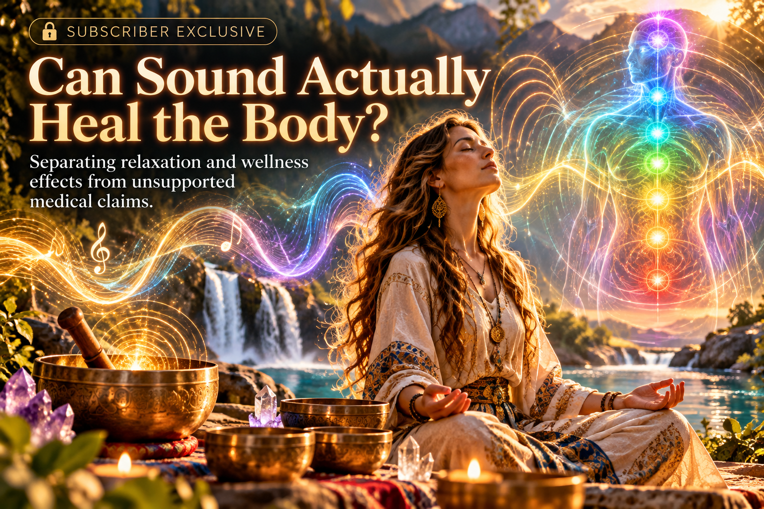Illustration of a woman meditating near singing bowls and a waterfall, with colored sound waves and a glowing human outline