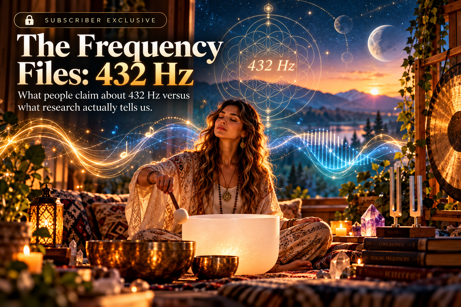 Woman playing a crystal singing bowl beside a 432 Hz illustration and a sunset lake