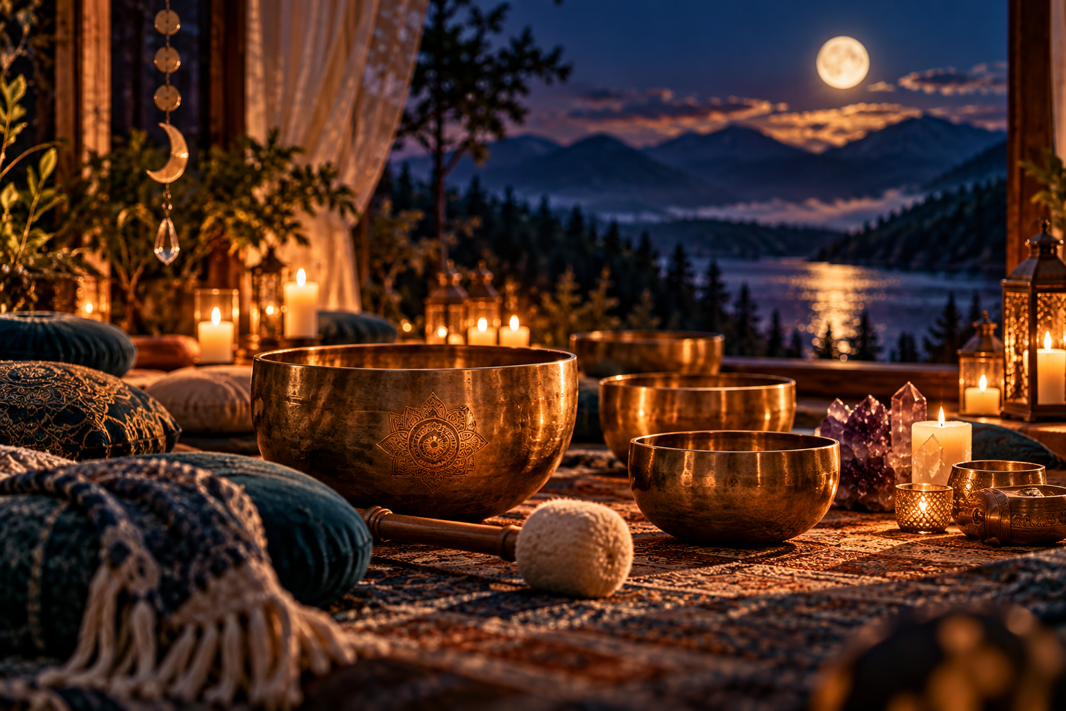 Bronze singing bowls and candles beside a moonlit mountain lake