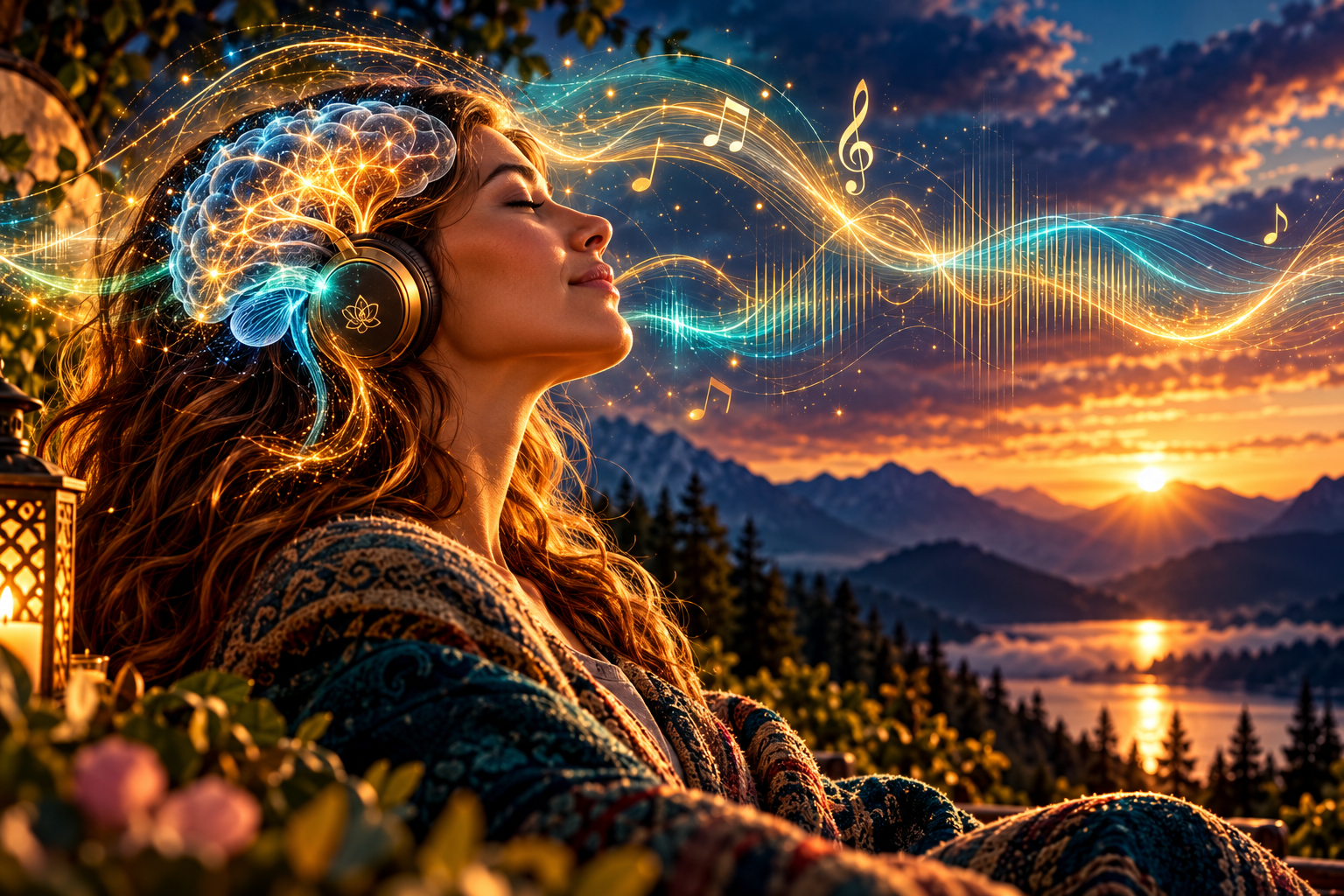 Woman listening with headphones beside an illustrated glowing brain and flowing sound waves