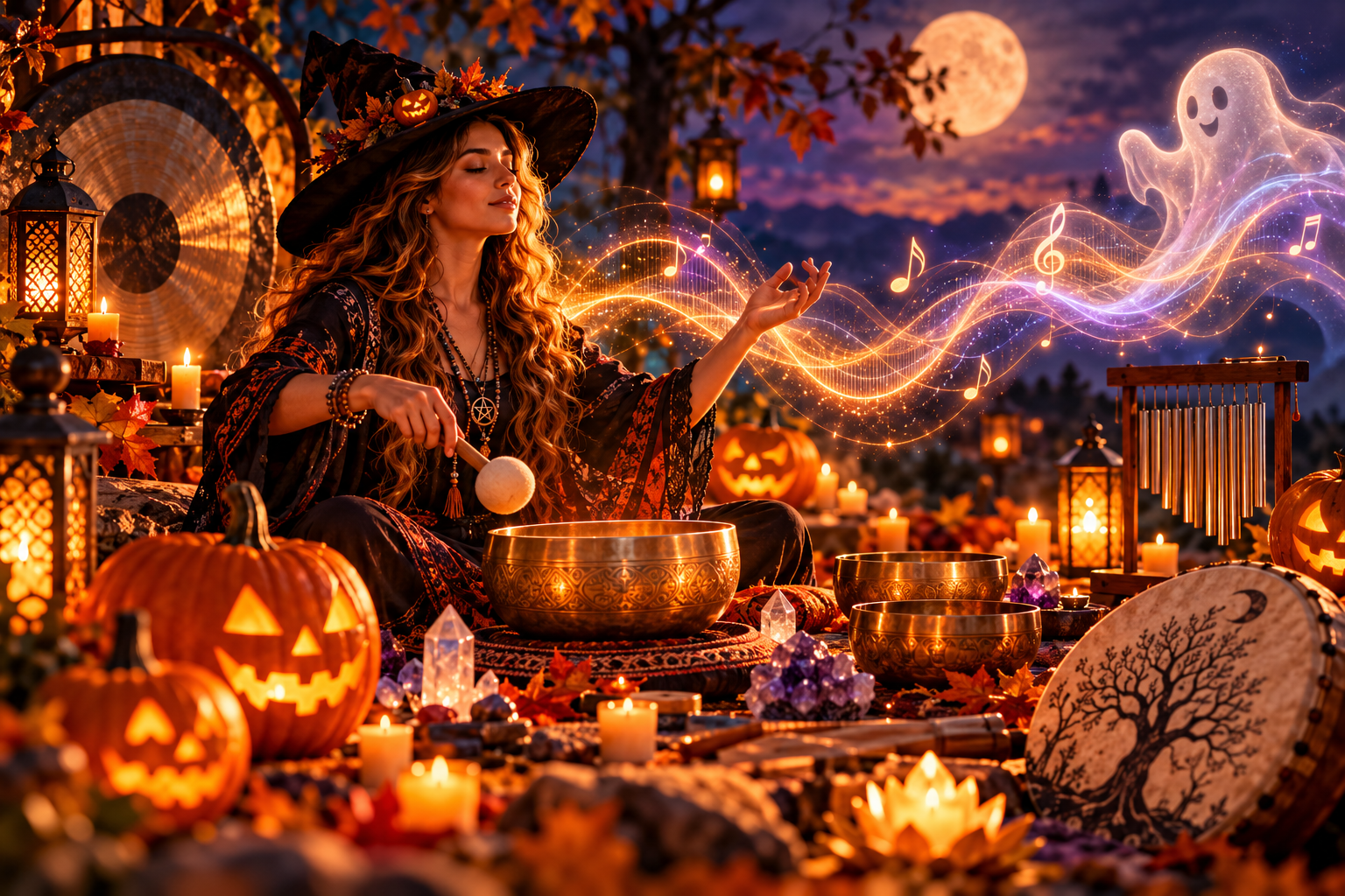 Woman in a witch hat playing a singing bowl amid pumpkins, lanterns, and an illustrated ghost