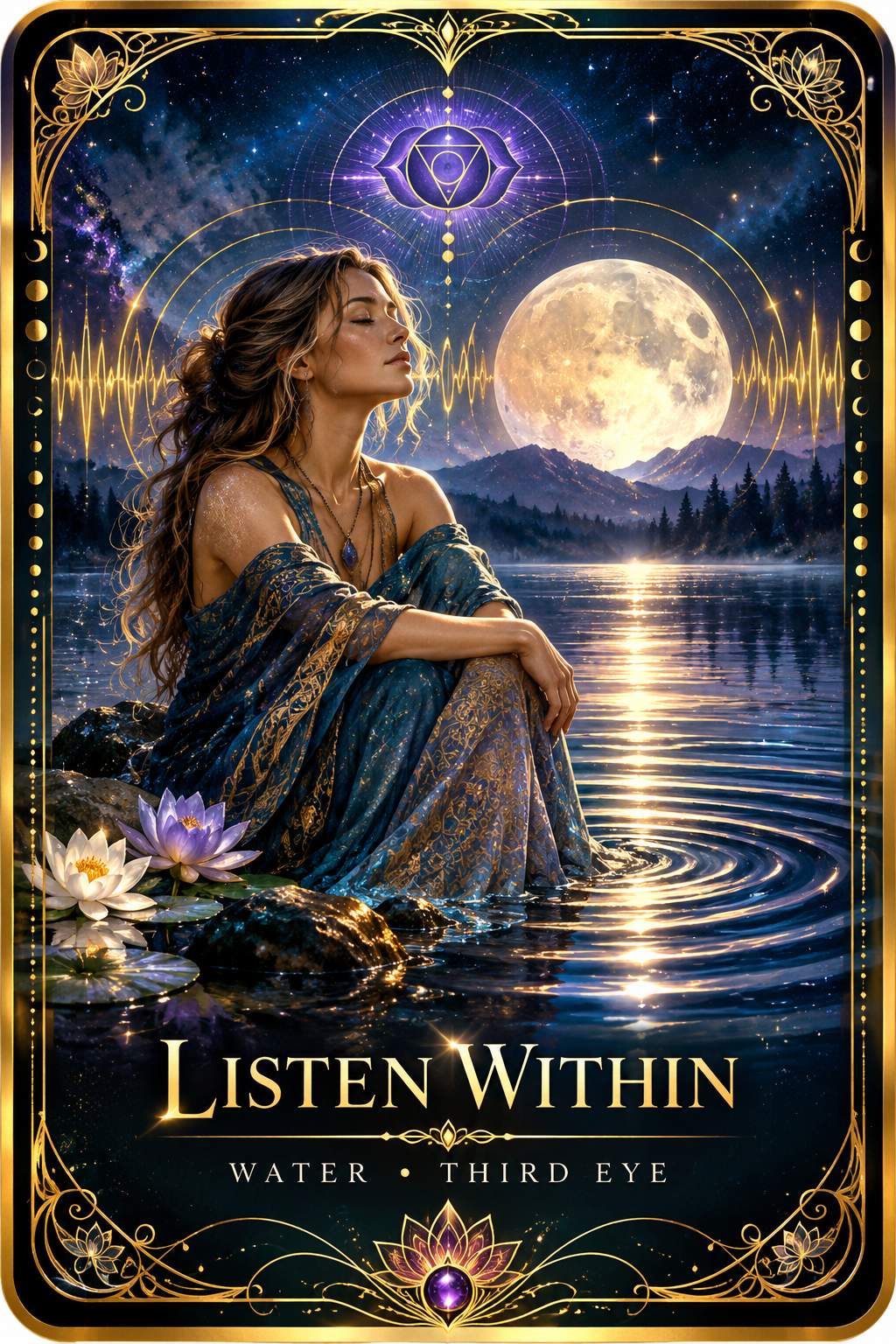 Original Listen Within oracle card: a woman in teal beside moonlit water beneath a golden Third Eye symbol, with Water and Third Eye printed on the card.