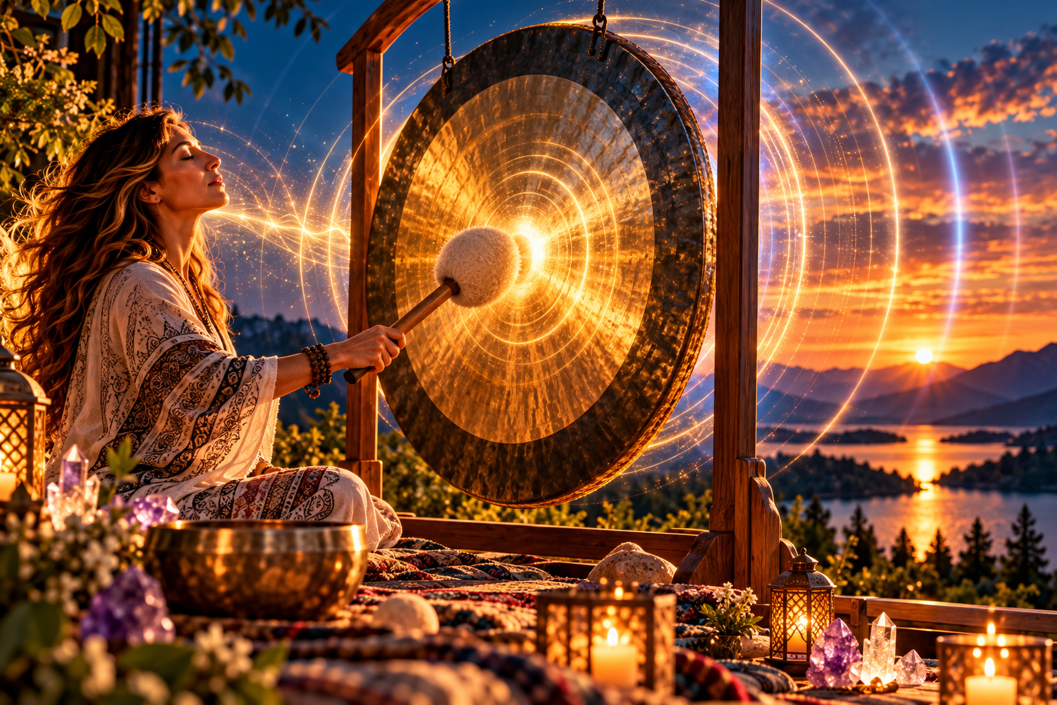 Woman strikes a hanging bronze gong at sunset as illustrated sound waves cross a mountain lake
