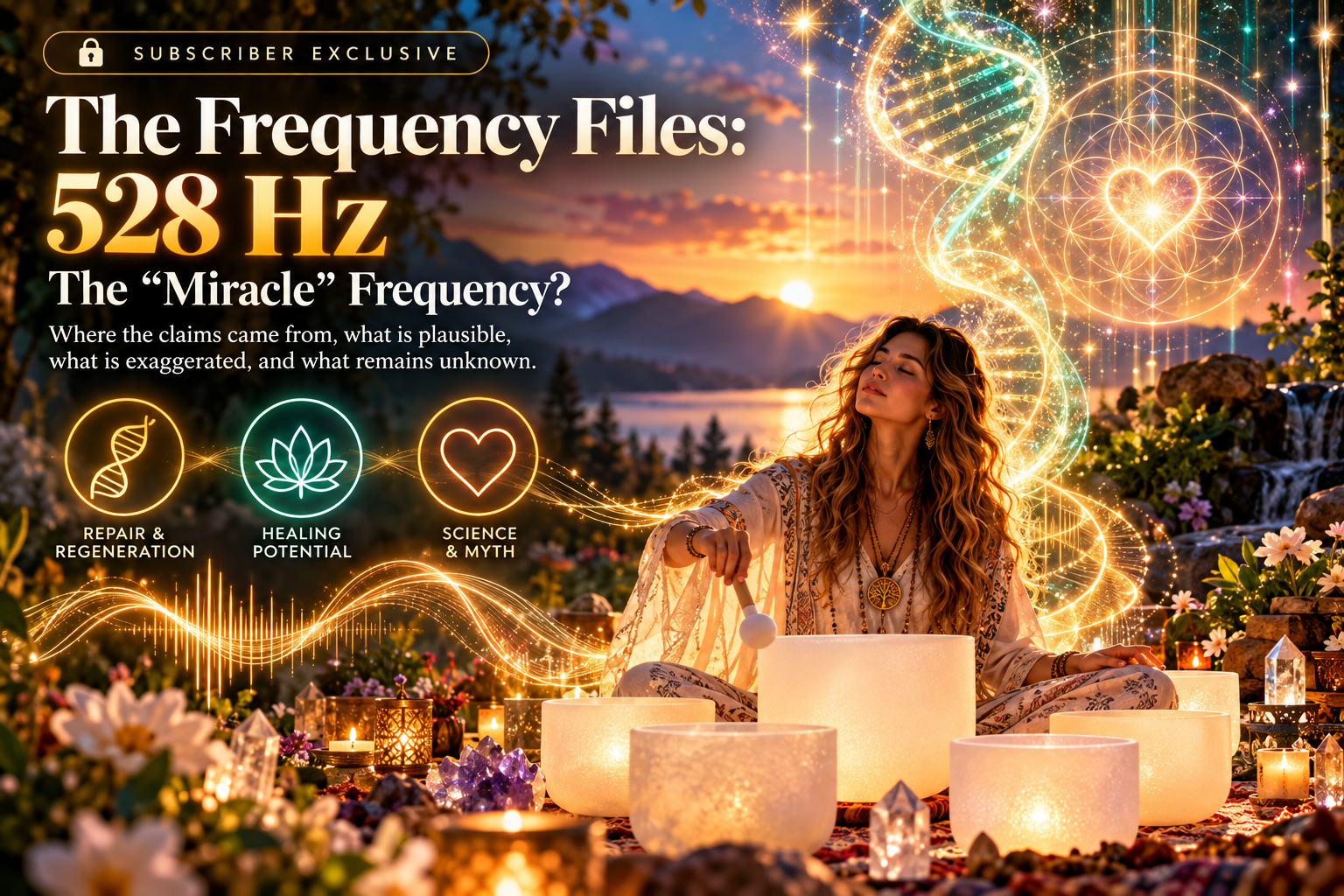 Woman playing crystal singing bowls beside an illustrated 528 Hz motif, DNA helix, and sunset lake