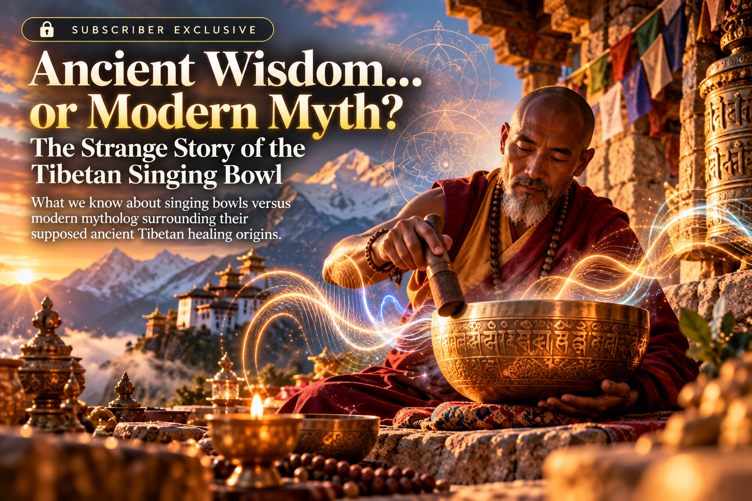 Illustration of a man playing a bronze singing bowl near a mountain monastery as another person meditates