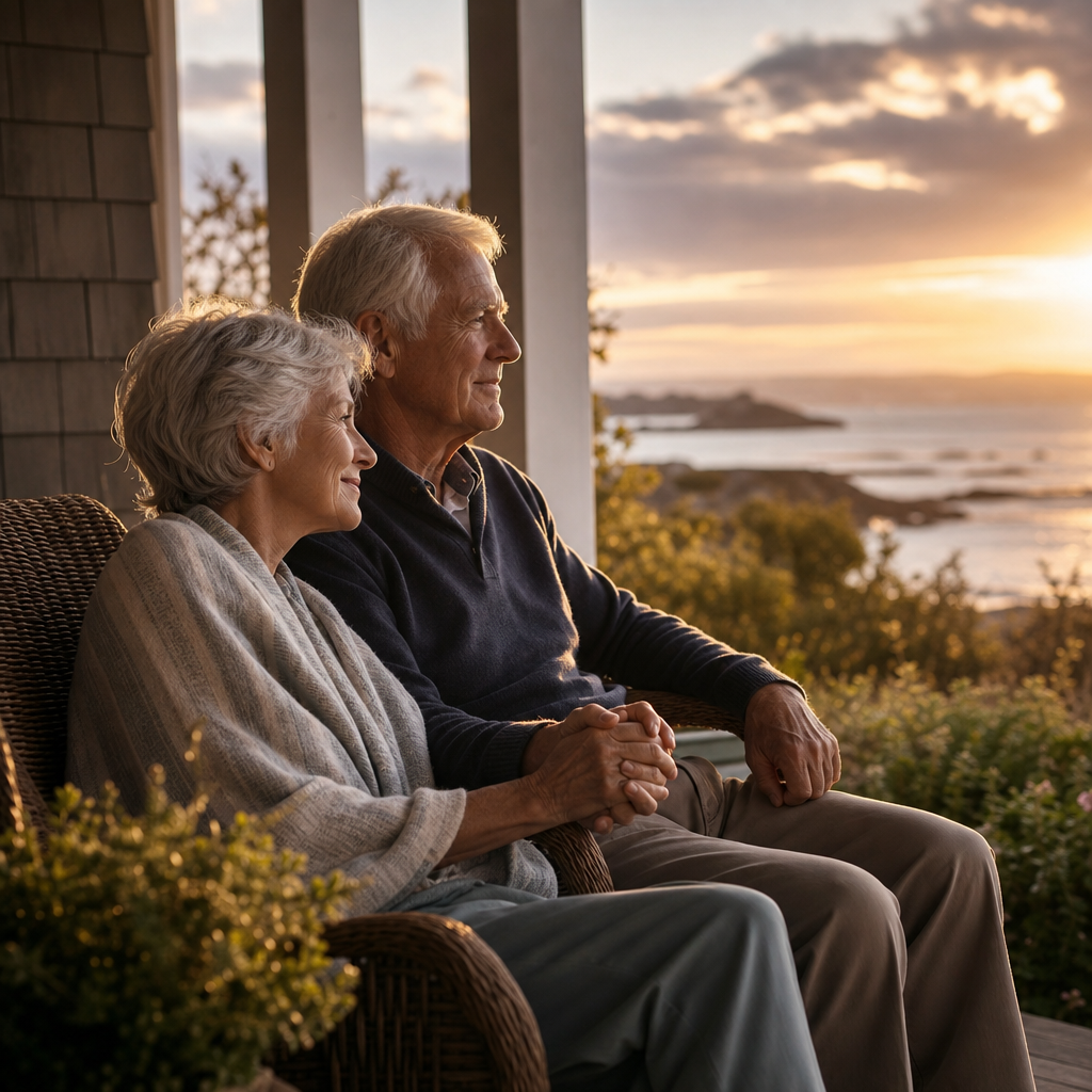 A fictional older couple sharing quiet companionship on a porch at golden hour