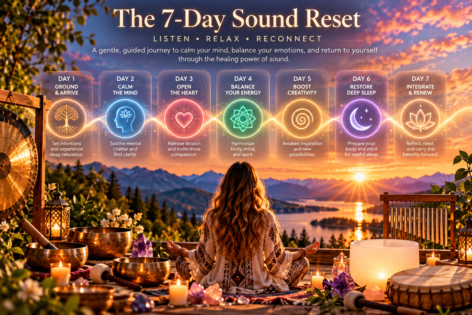 Seven-day sound reset infographic with daily themes: ground, calm, open, balance, boost, restore, and integrate