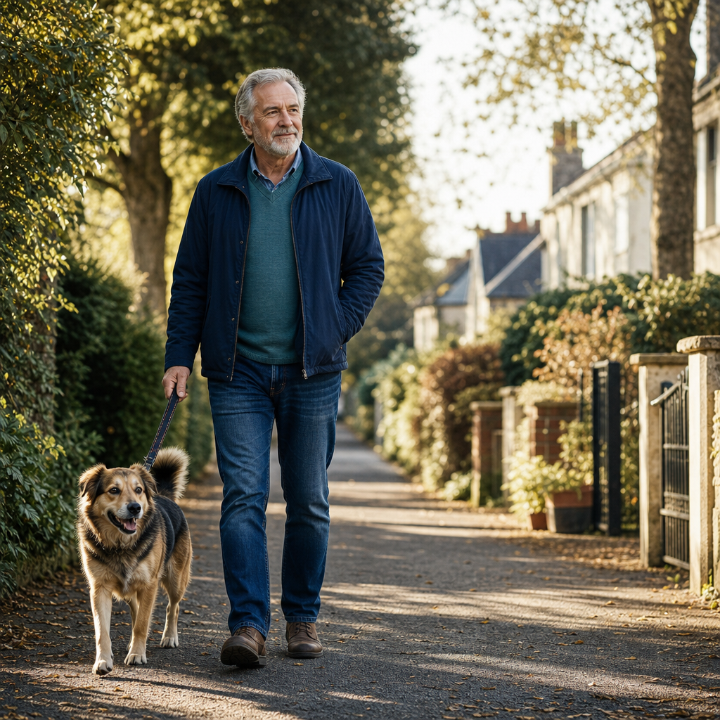 A fictional mature man taking an ordinary outdoor walk with a dog