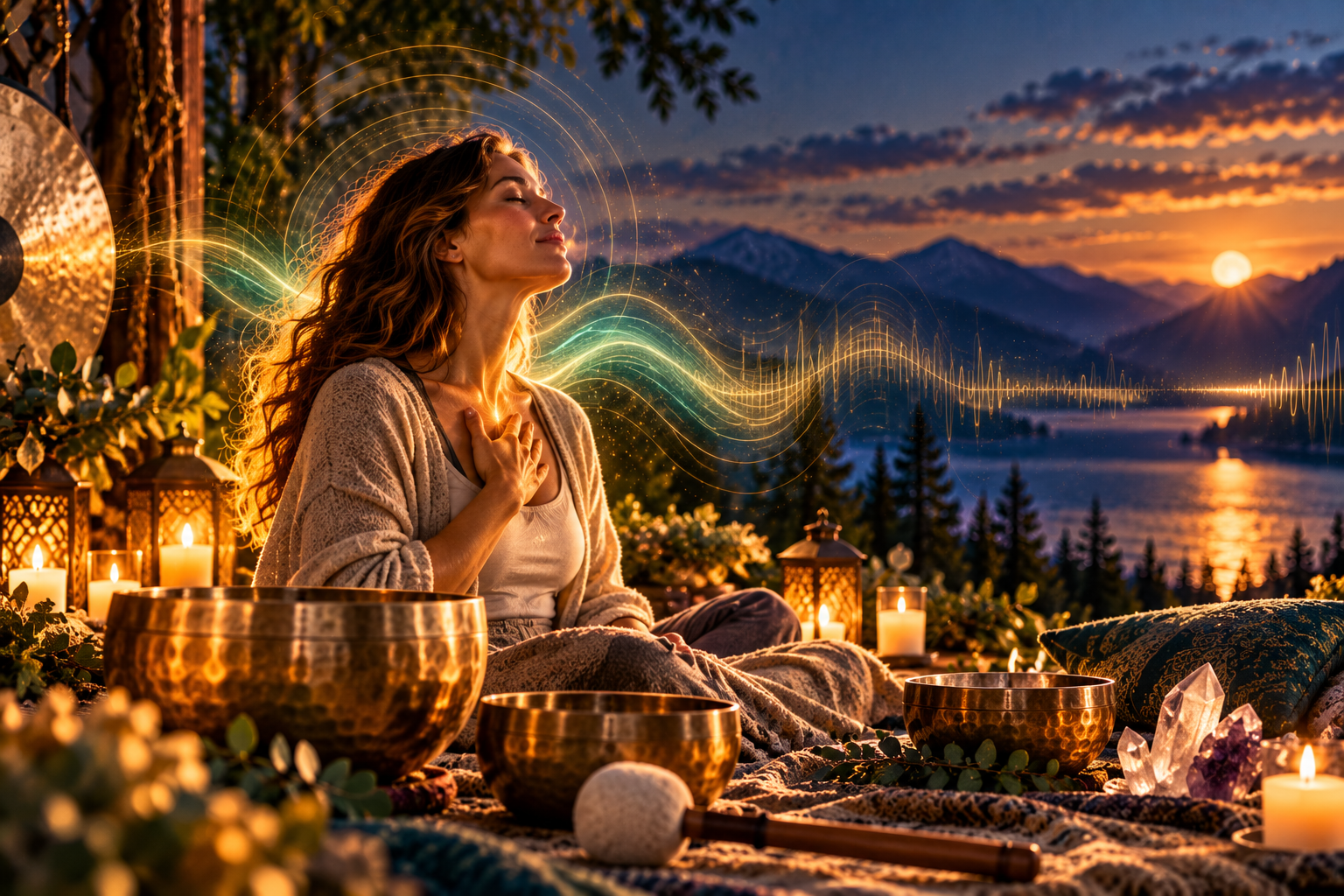 Woman resting beside singing bowls and candles as sound waves cross a sunset lake