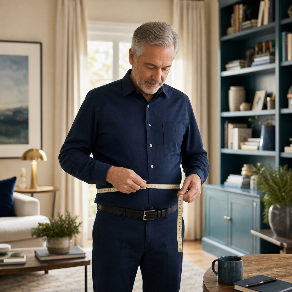 A fictional mature man calmly measuring his waist over clothing as part of a broader health check-in