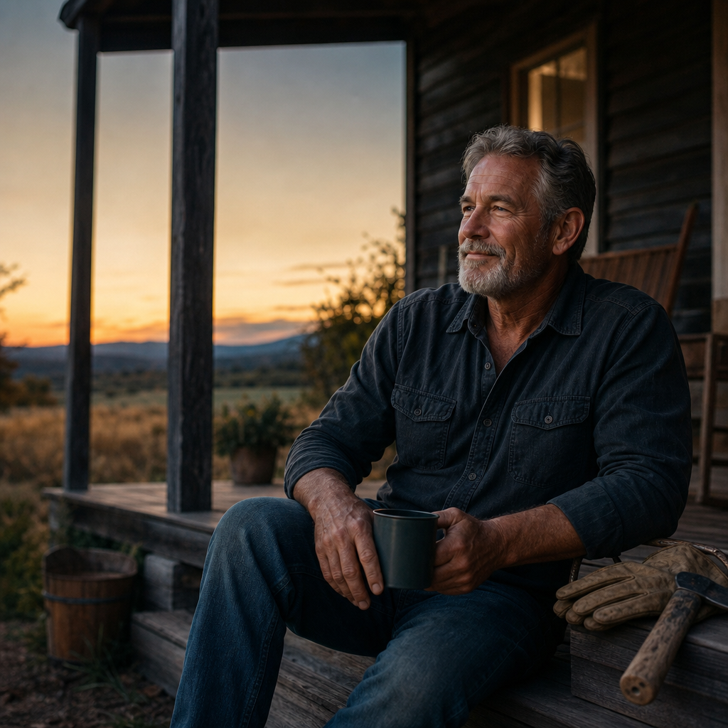 A fictional mature man resting on a porch at dusk after an active day of work
