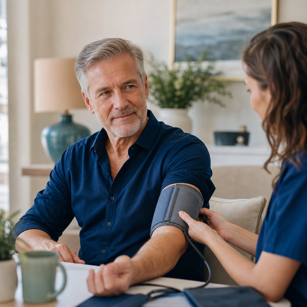 A fictional mature man having his blood pressure measured in a calm, welcoming wellness setting