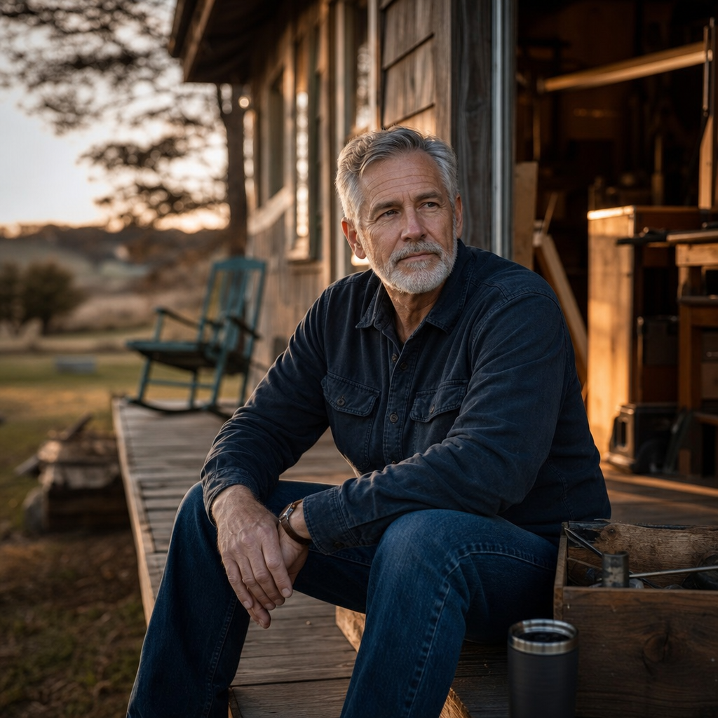 A fictional mature man sitting thoughtfully on a porch beside a workshop after working