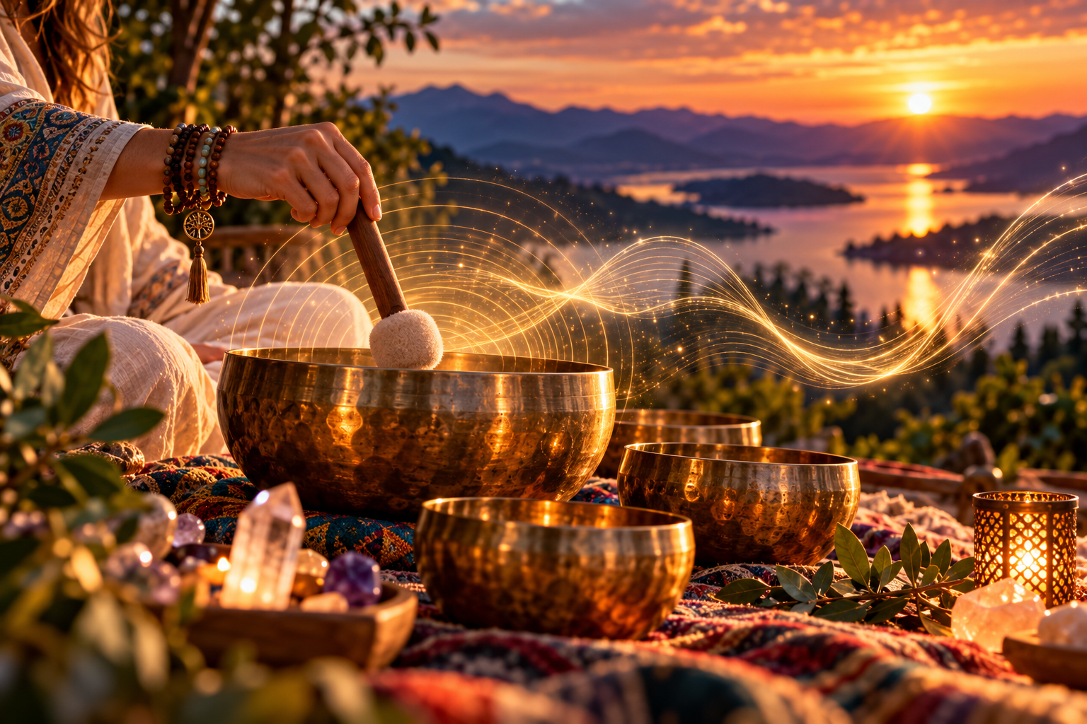 A hand plays a bronze singing bowl beside a sunset lake with illustrated golden sound waves