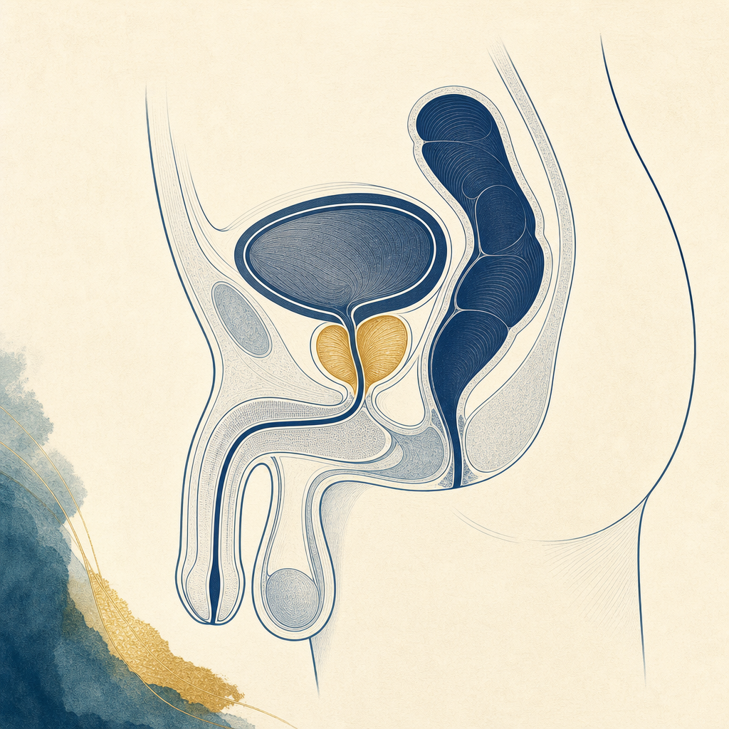 Tasteful anatomical illustration showing the prostate and surrounding lower-pelvic structures in side profile
