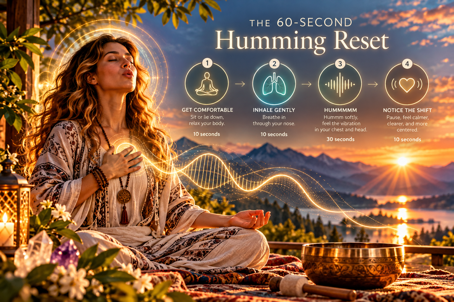 Illustrated 60-second humming reset: get comfortable for 10 seconds, inhale for 10, hum for 30, then pause for 10