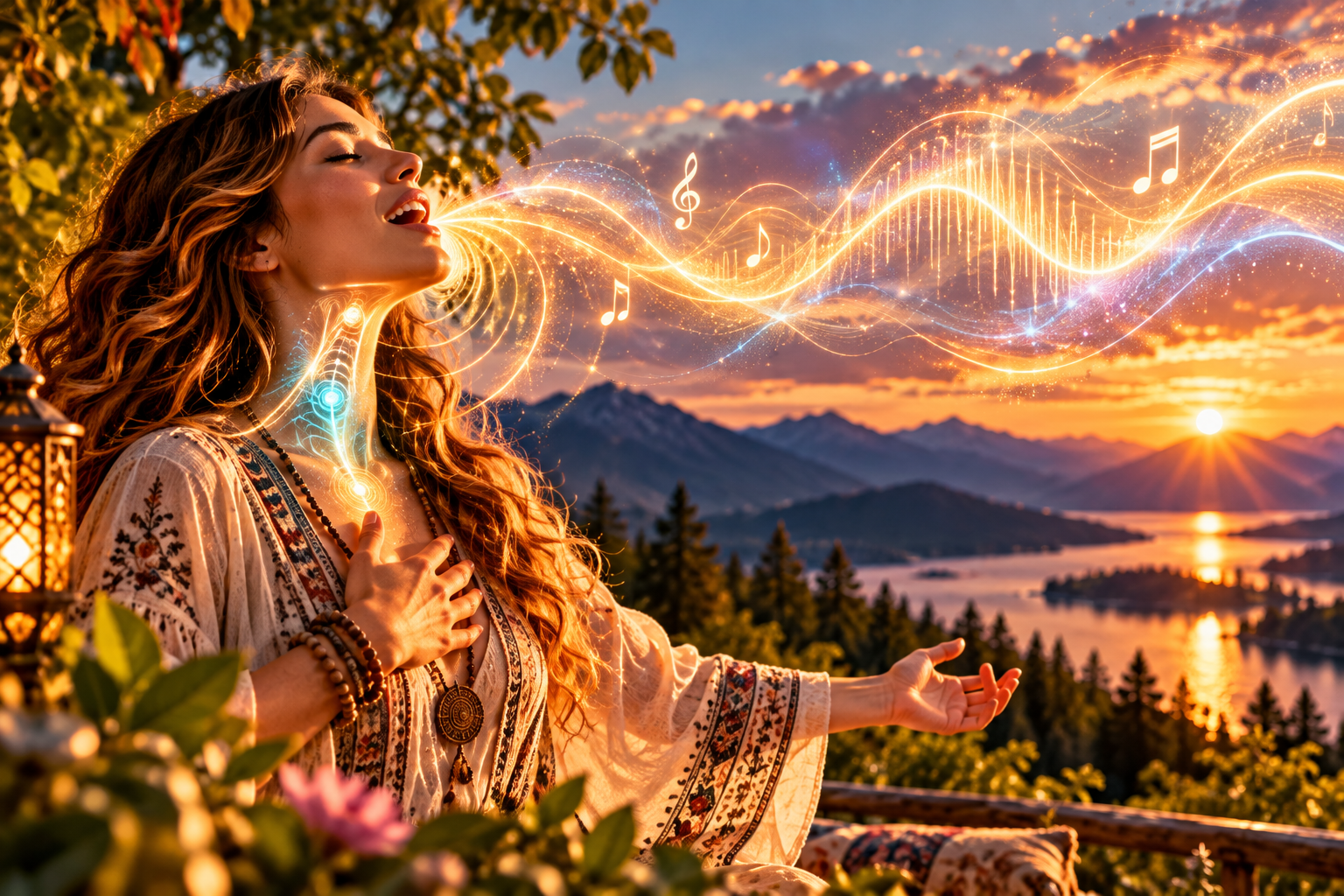 Woman singing beside a sunset lake with illustrated musical notes and golden sound waves