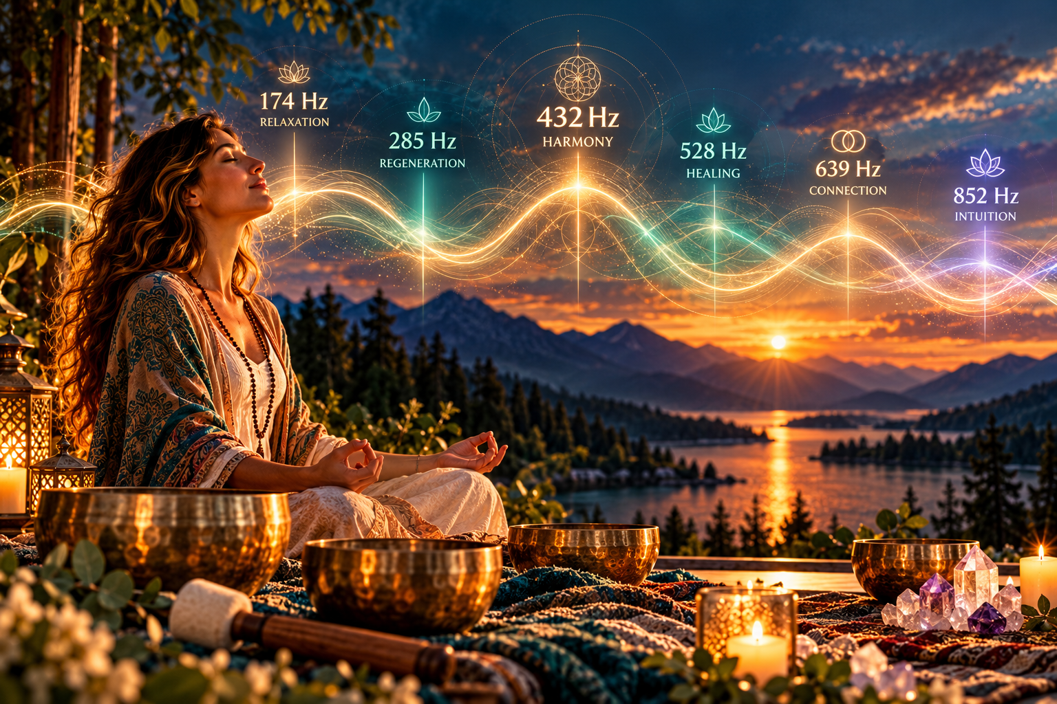 Meditation scene at sunset with an illustrated sound wave and labeled frequencies