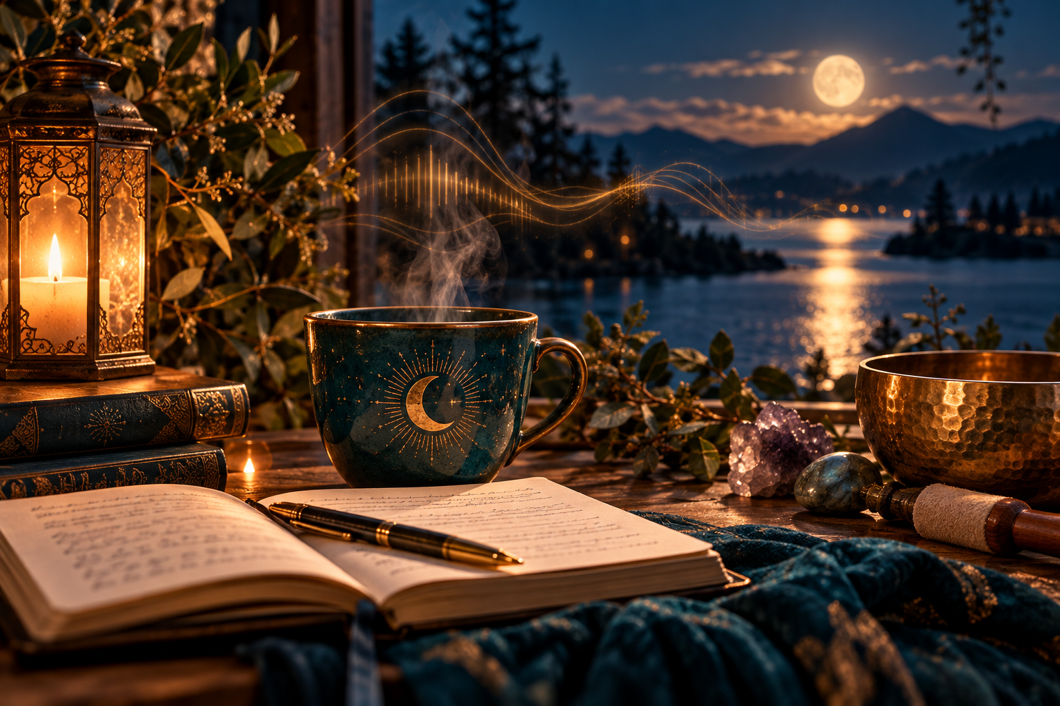 A candlelit desk with an open journal and teal cup overlooking moonlit water, with a singing bowl and subtle golden sound waves.