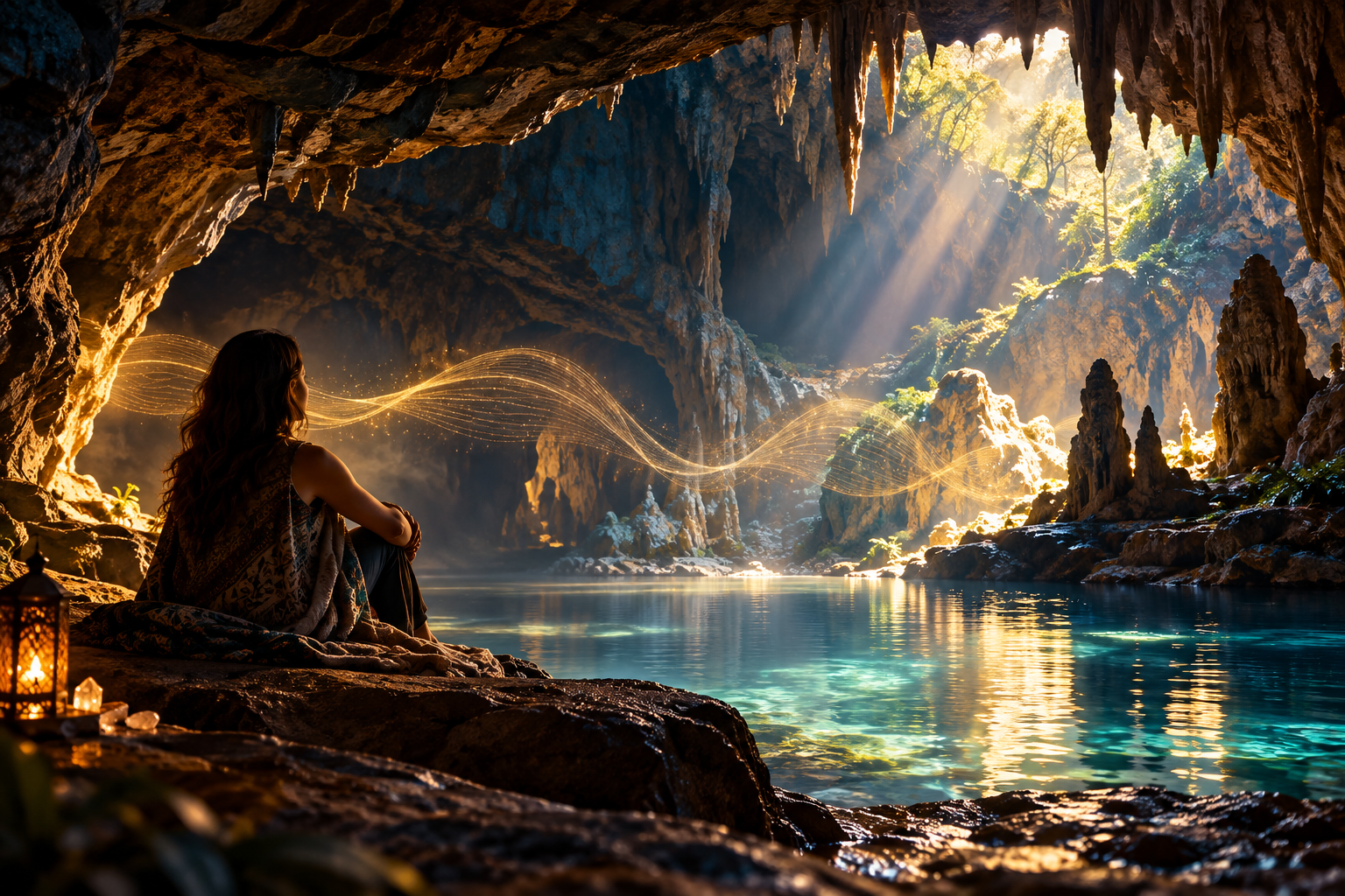 A person sits beside turquoise water in a sunlit cave as golden sound waves travel across it