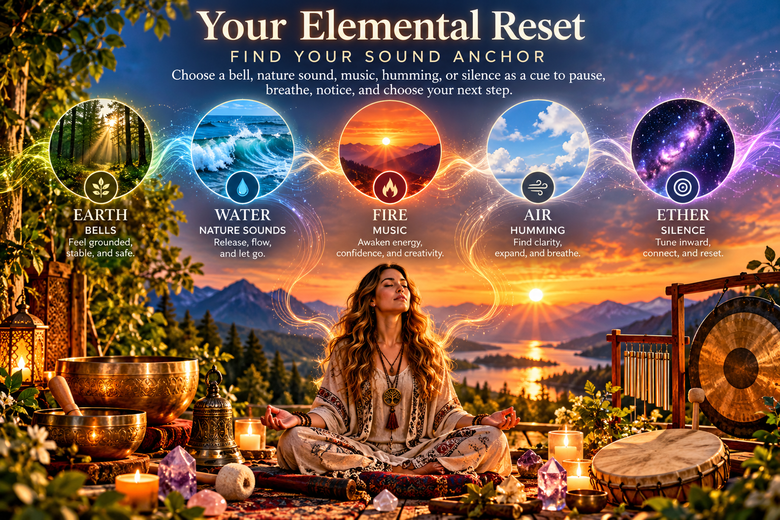Illustrated sound anchor guide pairing earth with bells, water with nature sounds, fire with music, air with humming, and ether with silence