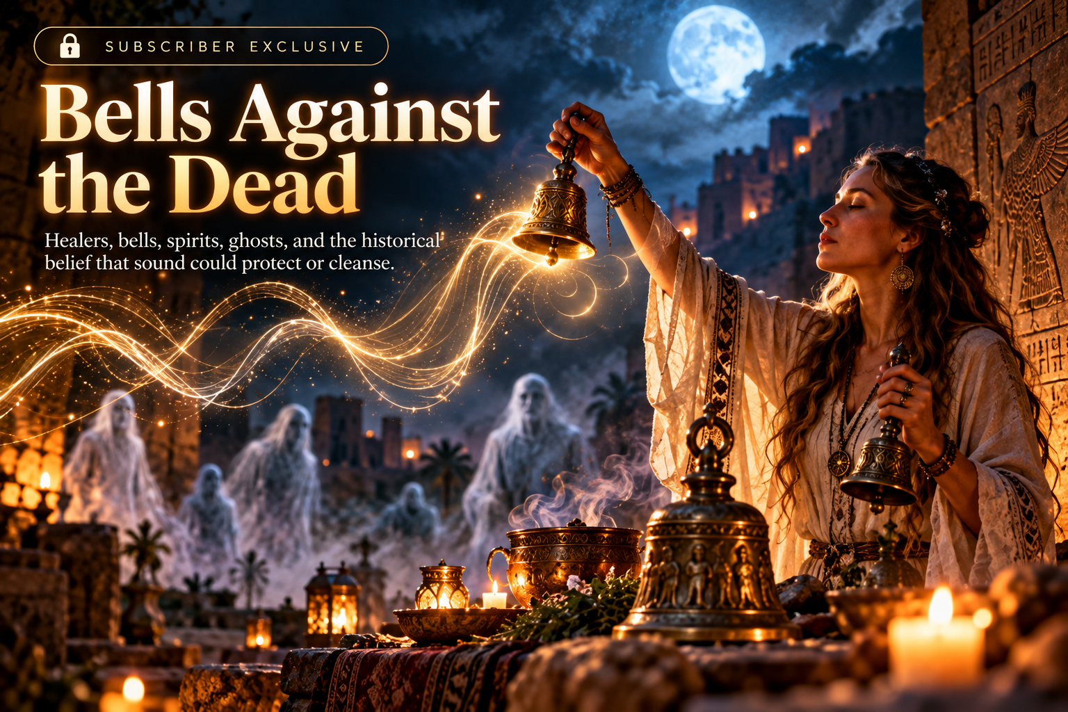 Illustration of a woman ringing bronze bells at night with spectral figures in an ancient city