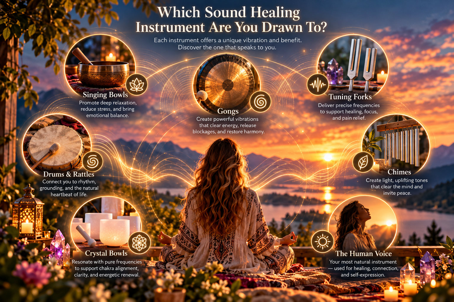 Illustrated guide to singing bowls, gongs, tuning forks, drums, chimes, crystal bowls, and the human voice