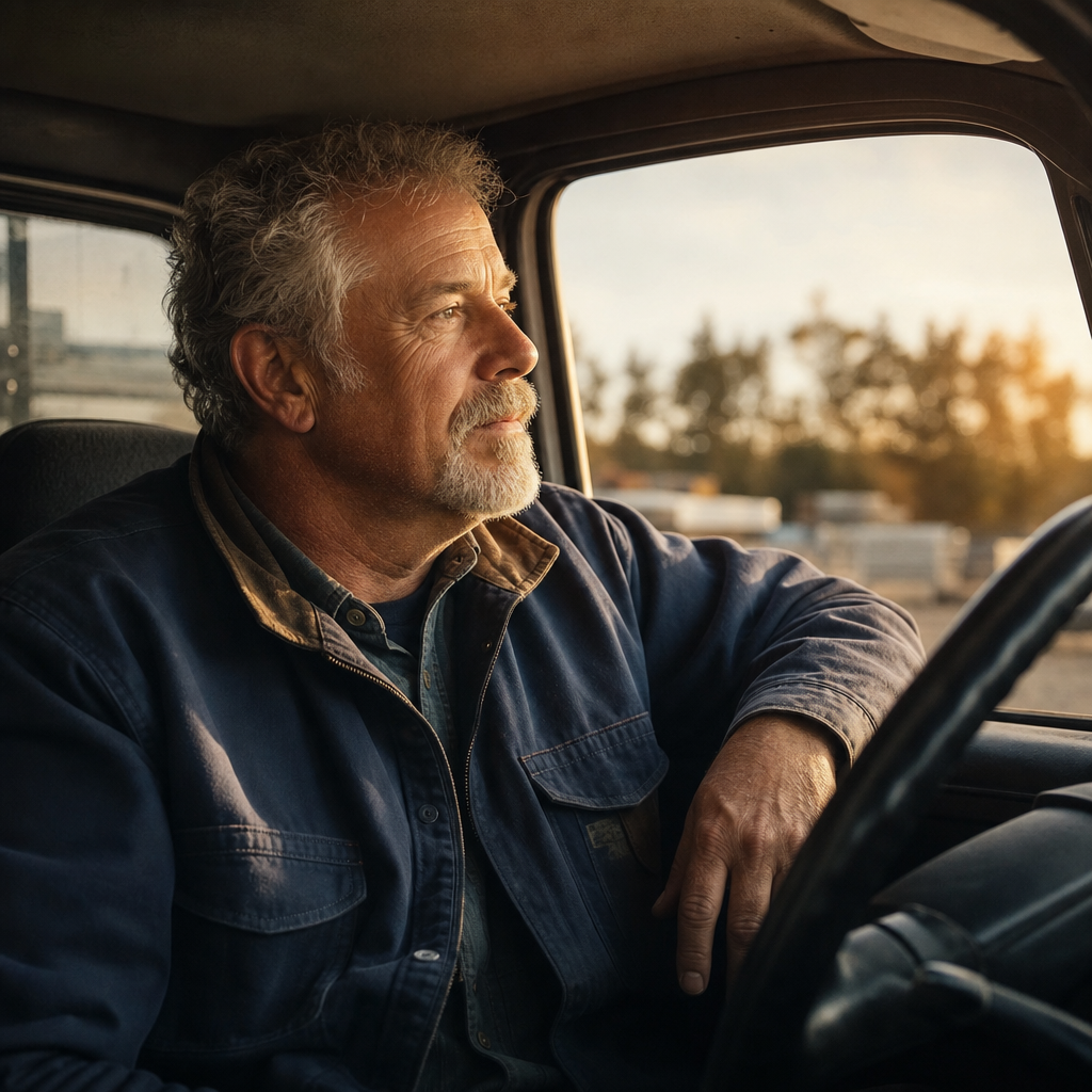 A fictional mature man sitting quietly in his vehicle after work during a reflective moment