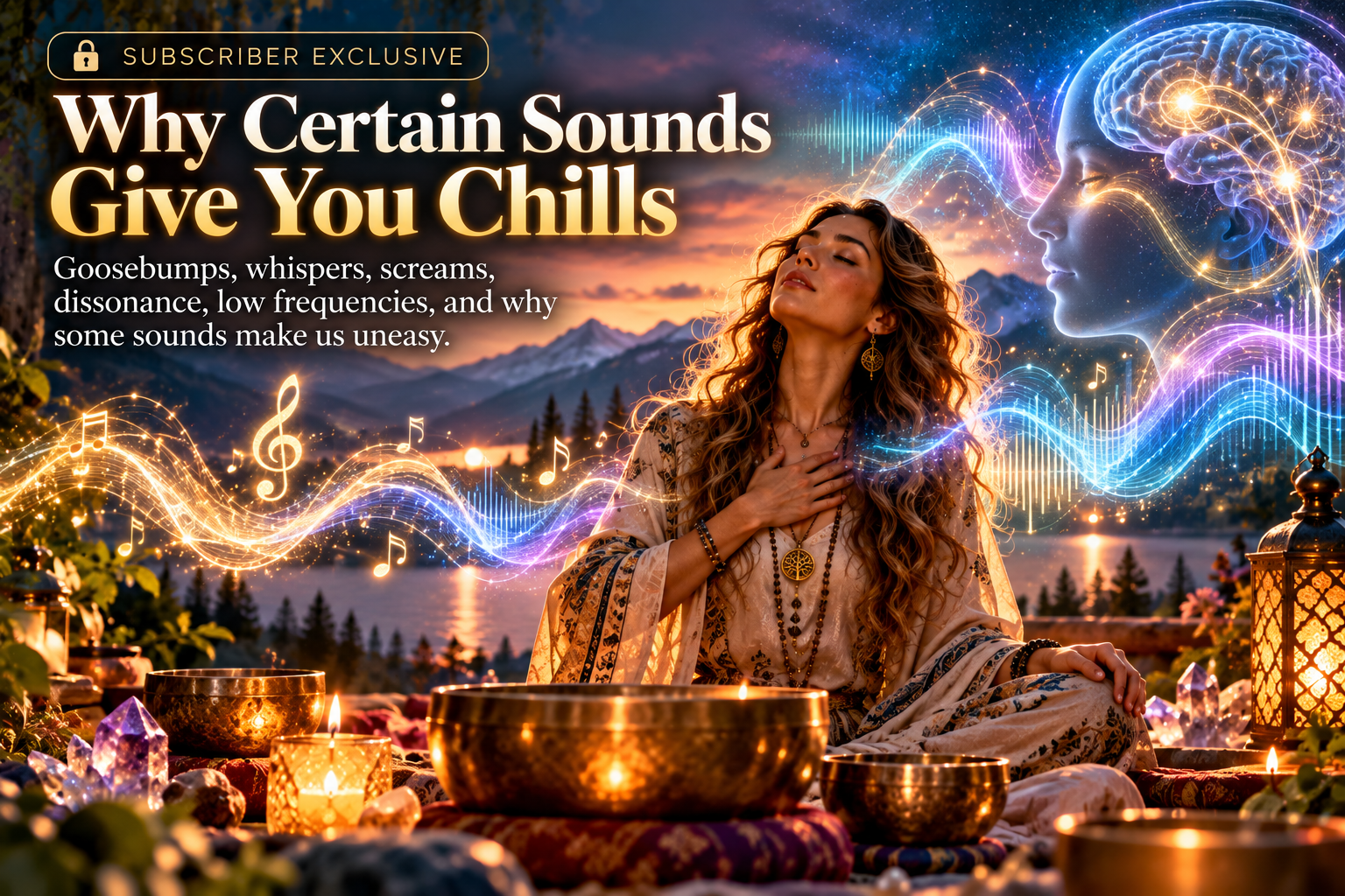 Illustration of a woman listening to sounds beside a lake, with colorful sound waves and an outlined brain