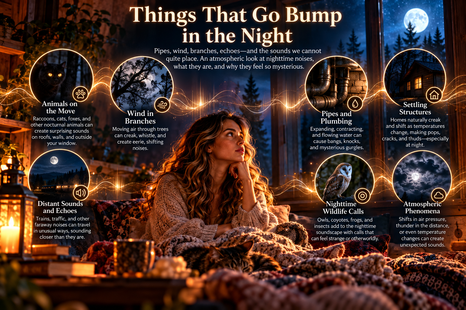 Illustrated guide to nighttime noises including animals, wind, plumbing, settling houses, echoes, and weather