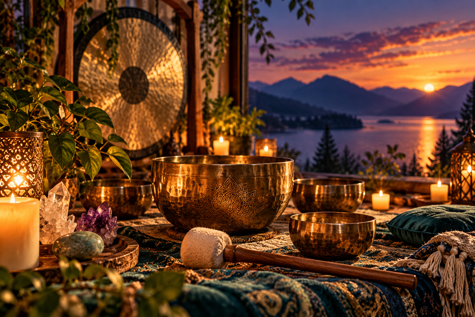 Bronze singing bowls, a gong, and candles overlooking a mountain lake at sunset