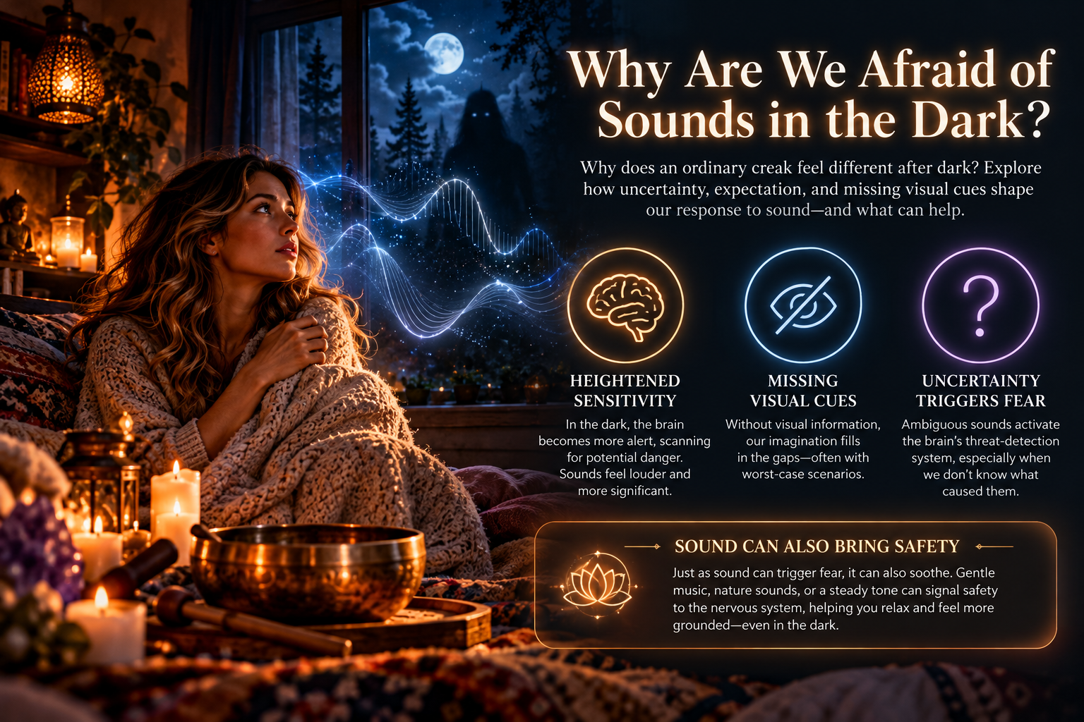 Illustrated explainer about heightened sensitivity, missing visual cues, and uncertainty around nighttime sounds