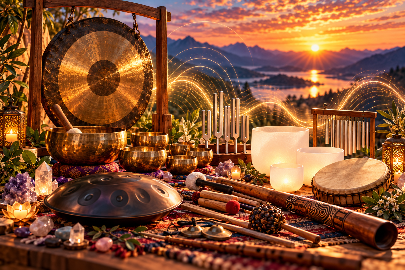 Collection of gong, singing bowls, tuning forks, chimes, drum, and handpan beside a sunset lake
