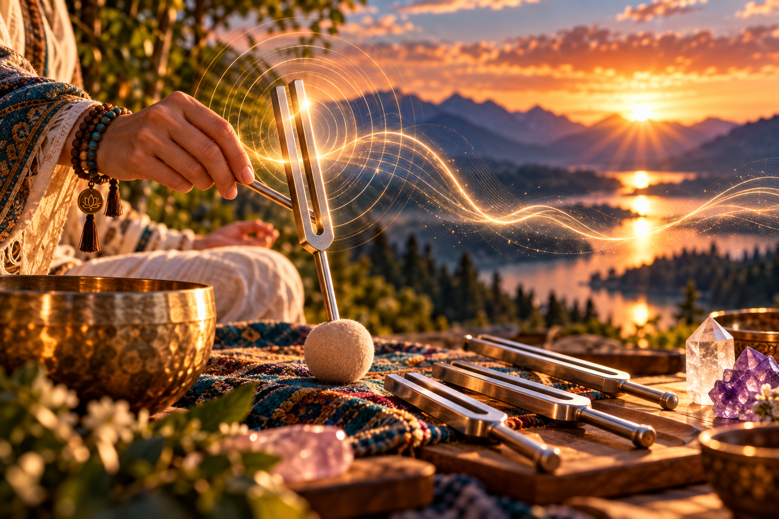 A hand holds a silver tuning fork above singing bowls as illustrated sound waves cross a sunset lake