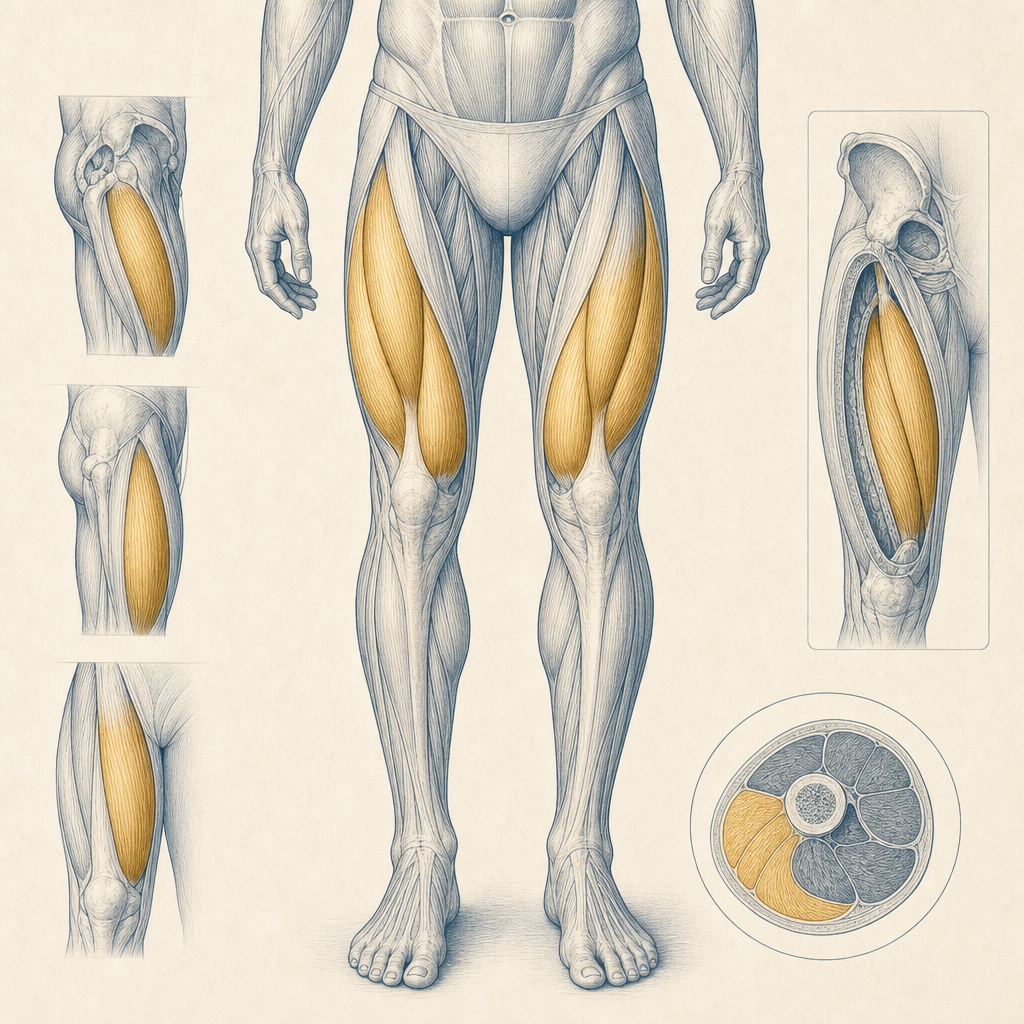 Anatomical illustration of the quadriceps on the anterior thigh, with the four quadriceps regions highlighted
