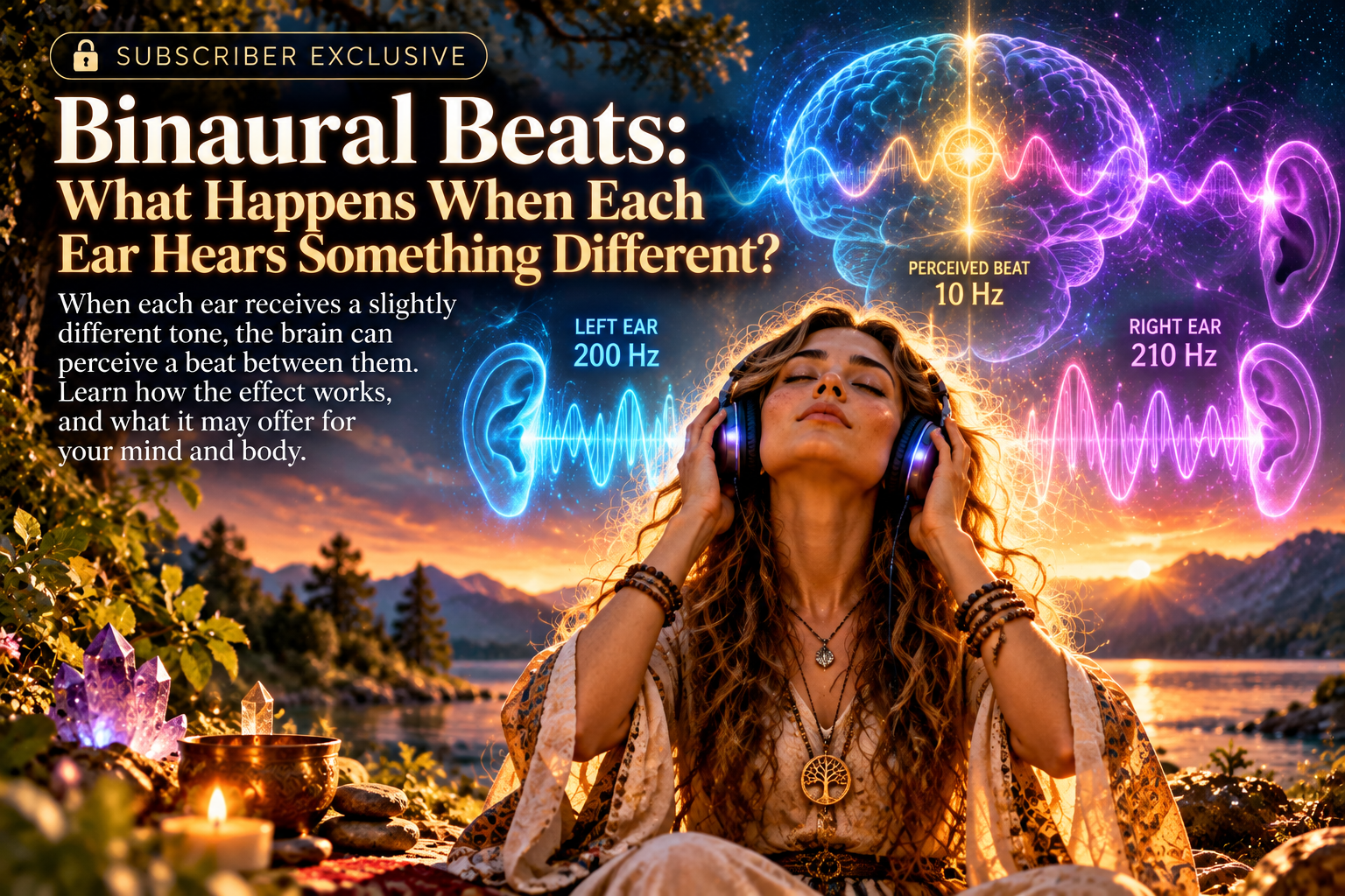 Illustration of a woman wearing headphones as 200 Hz and 210 Hz waves enter each ear, forming a perceived 10 Hz beat
