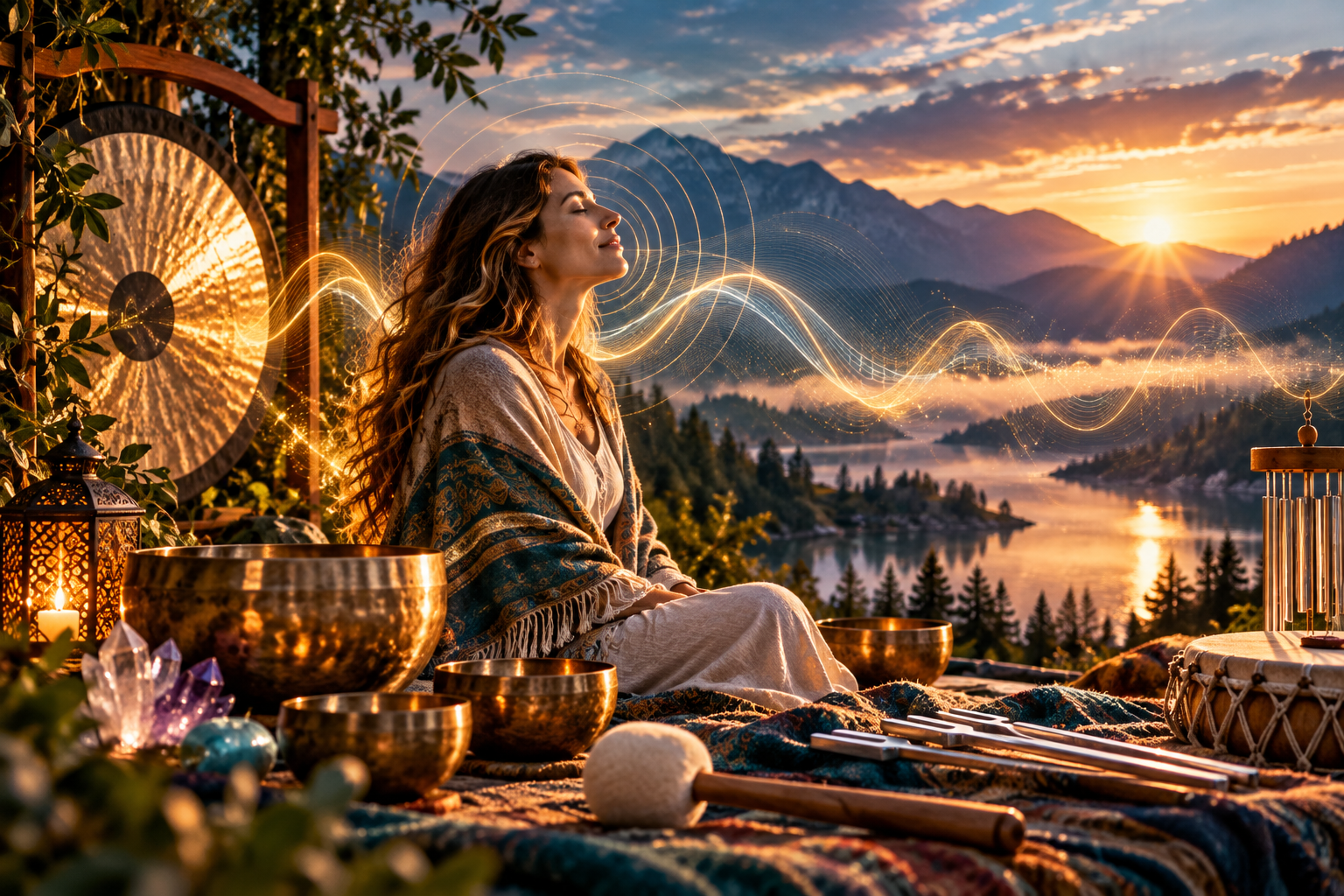 Woman listening beside a gong and singing bowls as golden sound waves cross a sunset lake