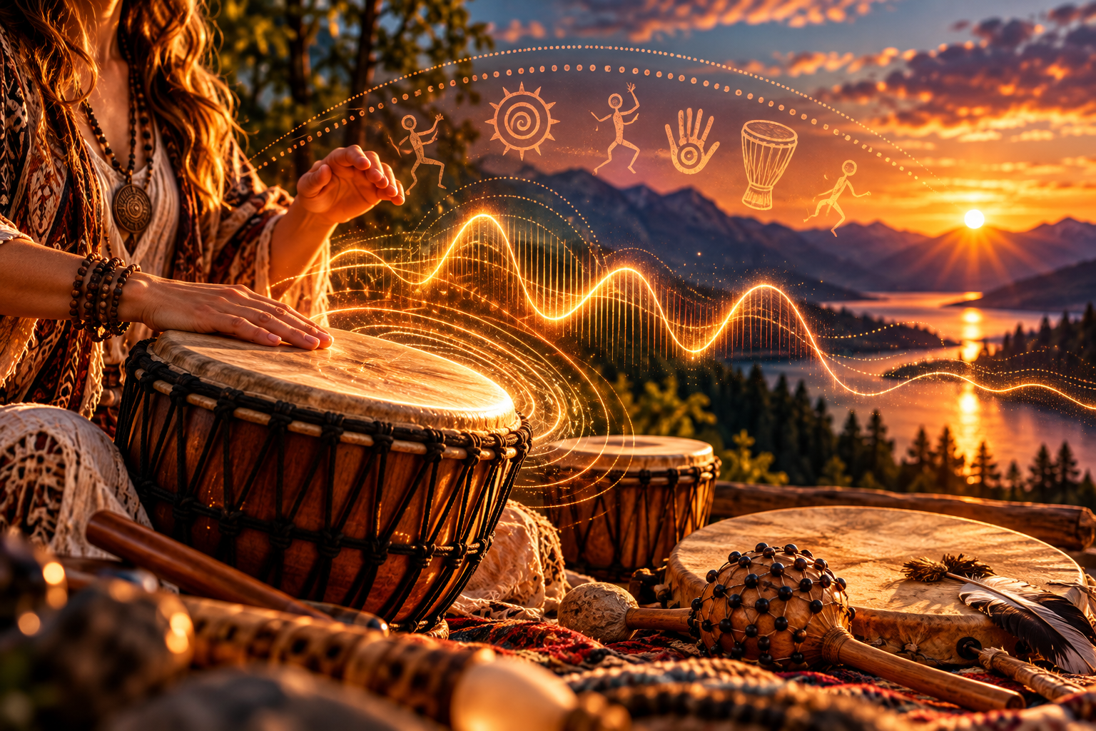Hands play a drum beside rattles as illustrated golden sound waves cross a sunset lake