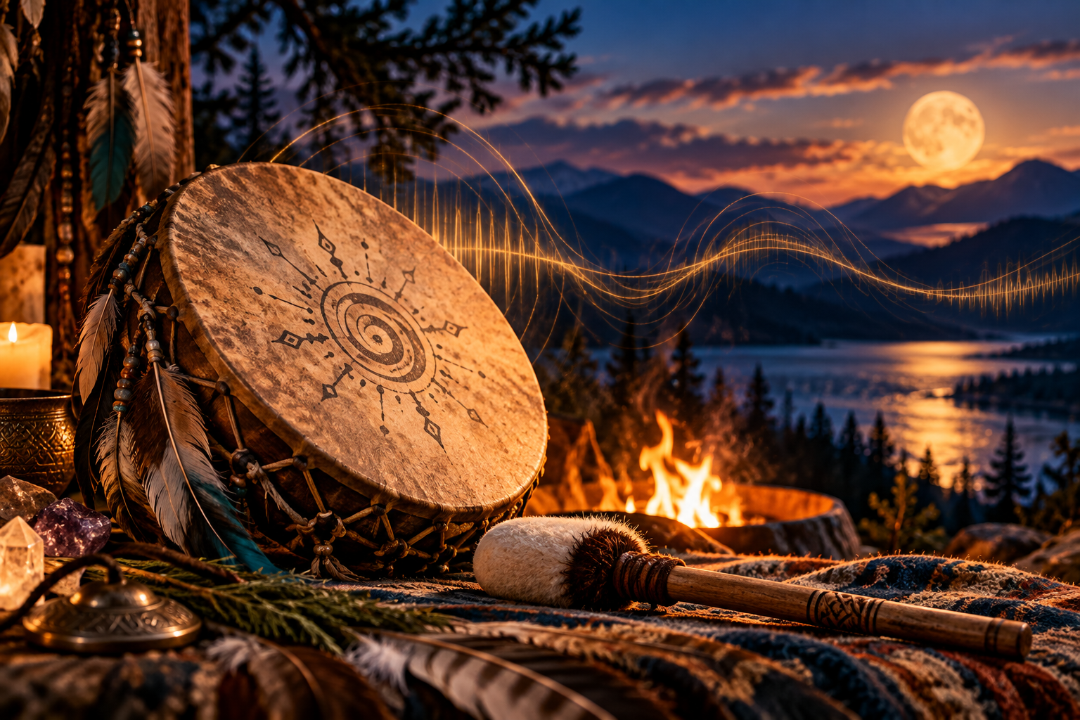A patterned hand drum and mallet beside a small fire, with a moonlit lake and golden sound-wave lines in the distance.