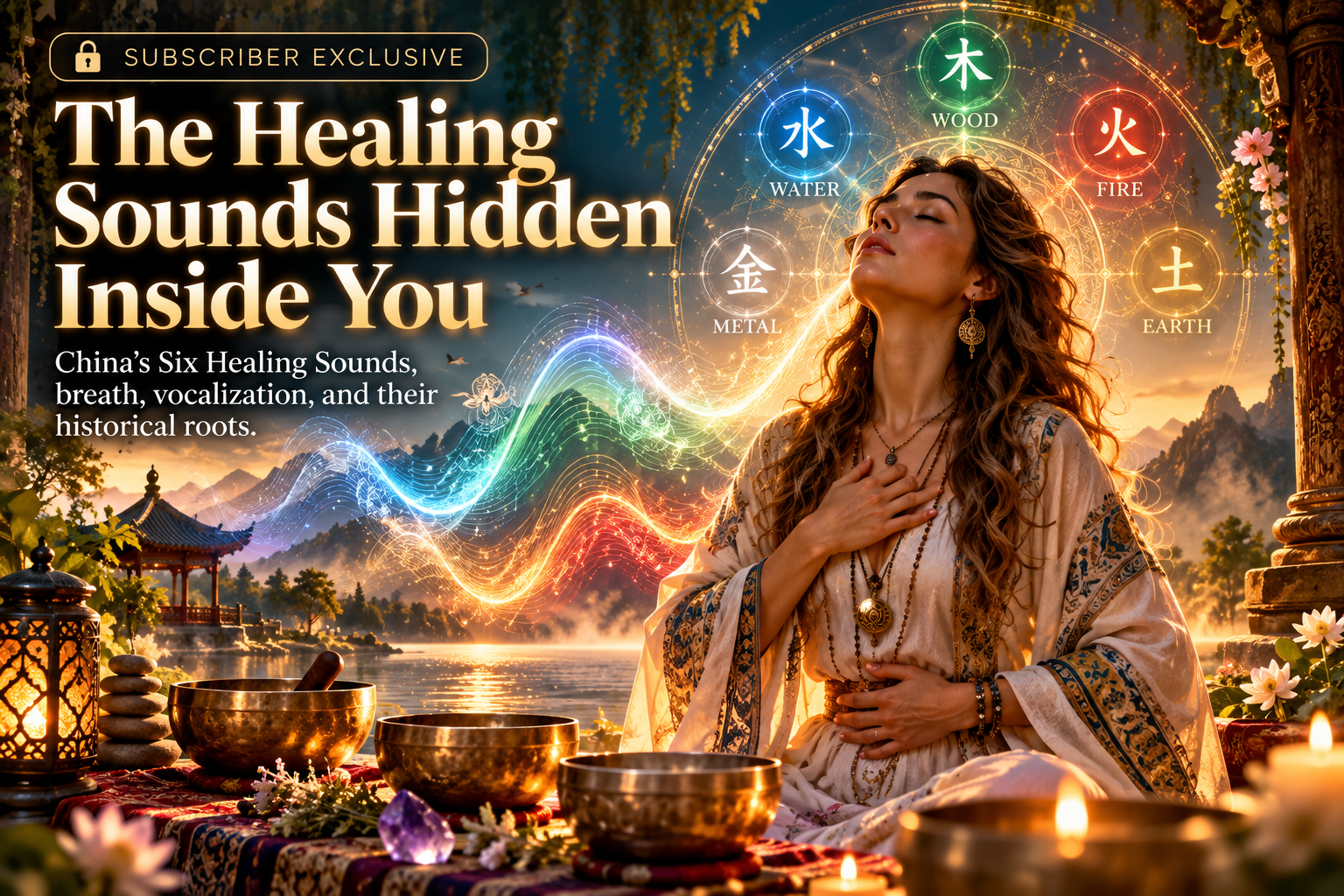Woman practicing breathwork beside singing bowls and an illustrated circle of wood, fire, earth, metal, and water