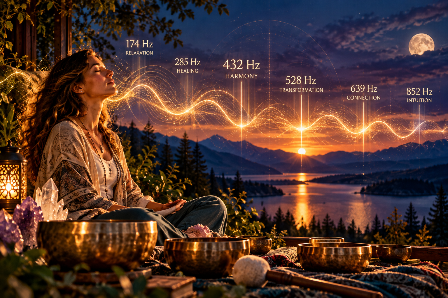 Meditation scene at sunset with an illustrated sound wave and labeled frequencies