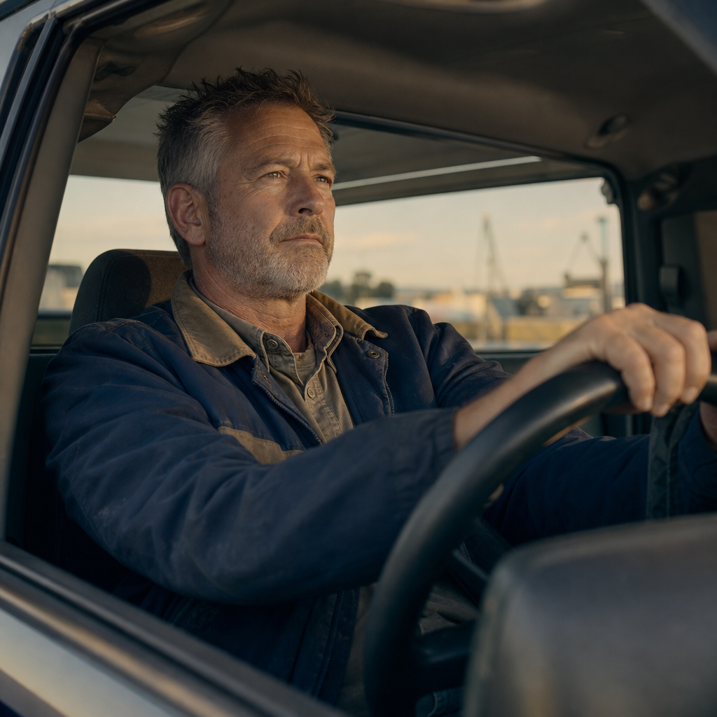 A fictional mature man sitting quietly in his work truck after finishing for the day, subtly tired and tense