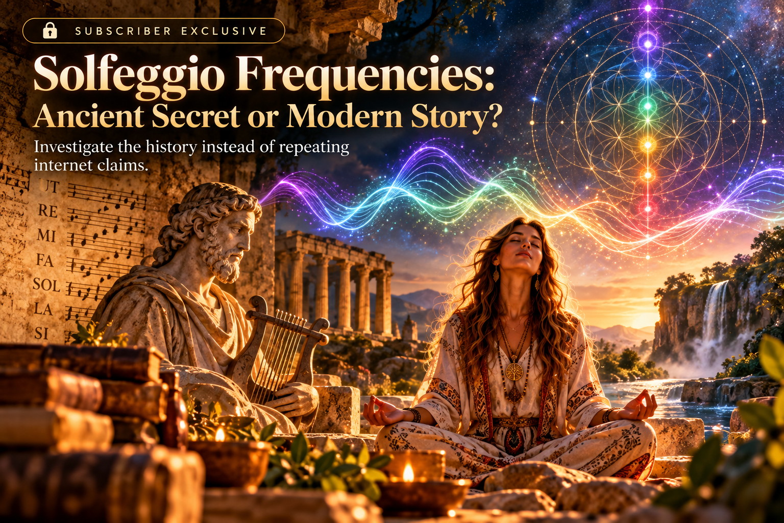 Illustration of an ancient musician and a meditator with colored sound waves and solfeggio note labels