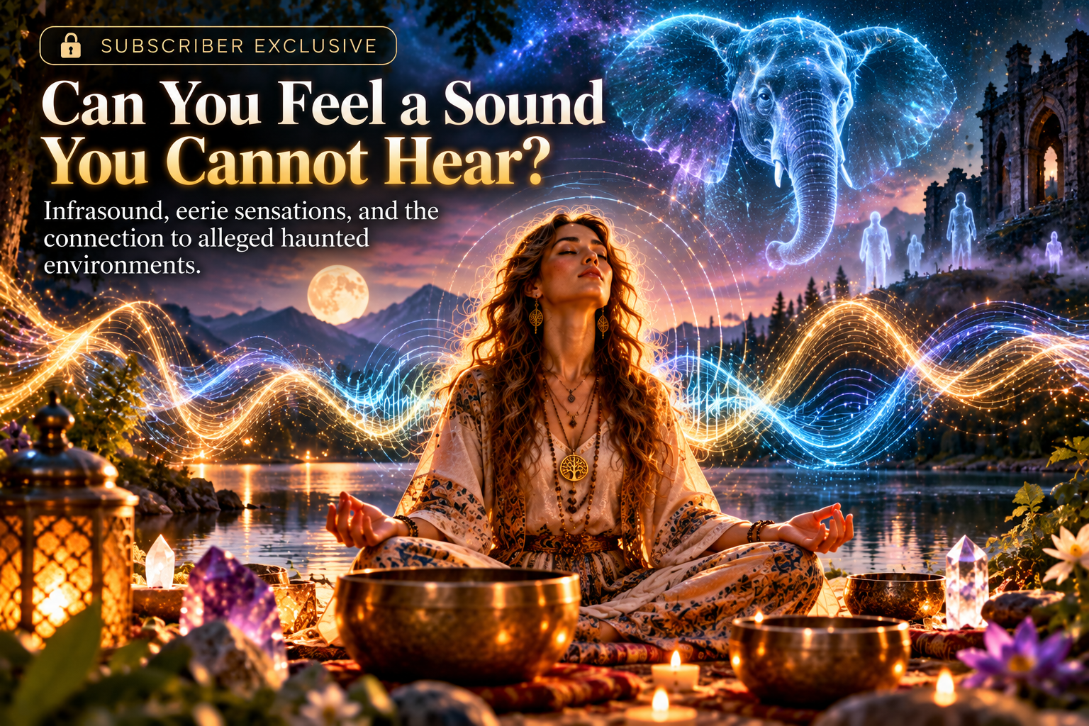 Illustration of a woman meditating by a lake amid glowing sound waves, an elephant, and ghostly figures