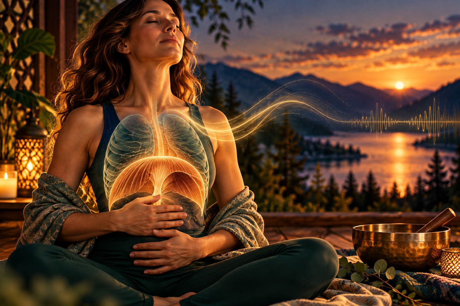 Woman breathing with an illustrated diaphragm and sound waves beside a sunset lake