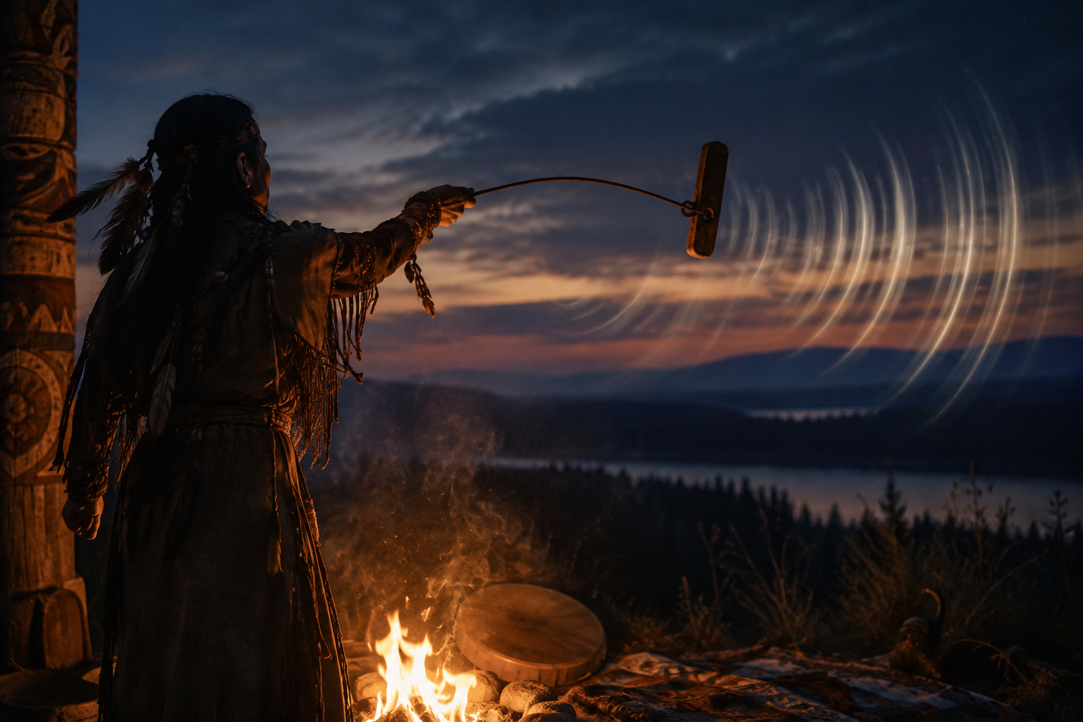A person swings a bullroarer beside a fire at dusk as sound waves ripple across the evening sky.