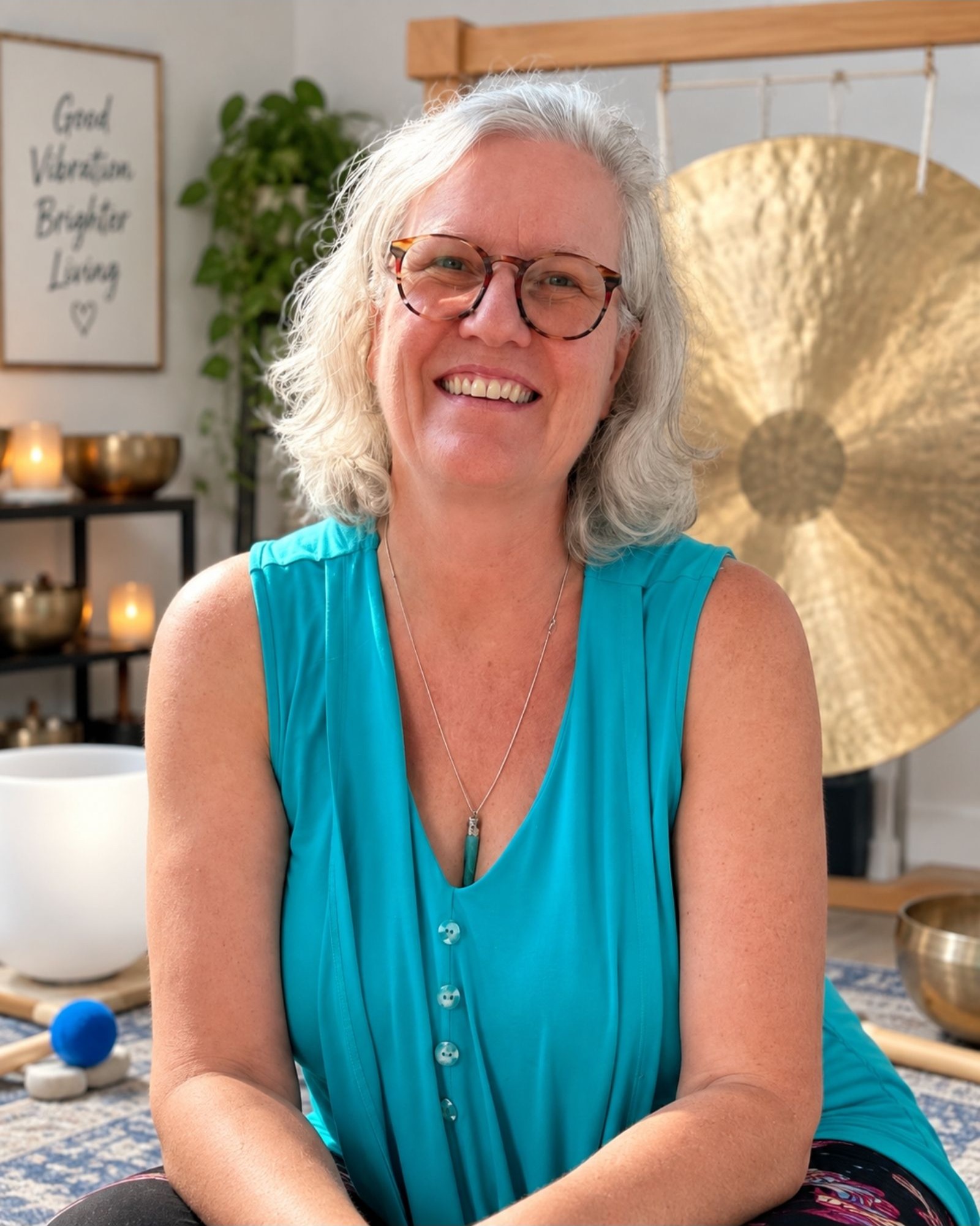 Cheryl Butler smiling in her sound-healing studio with a gong and singing bowls behind her.